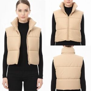 Cropped Puffer Sleeveless Vest Full Zip Up Tan M